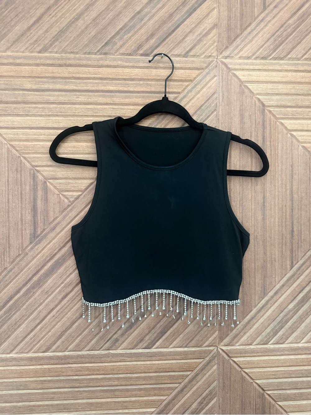 Black Crop Tank Top with Crystal Fringe